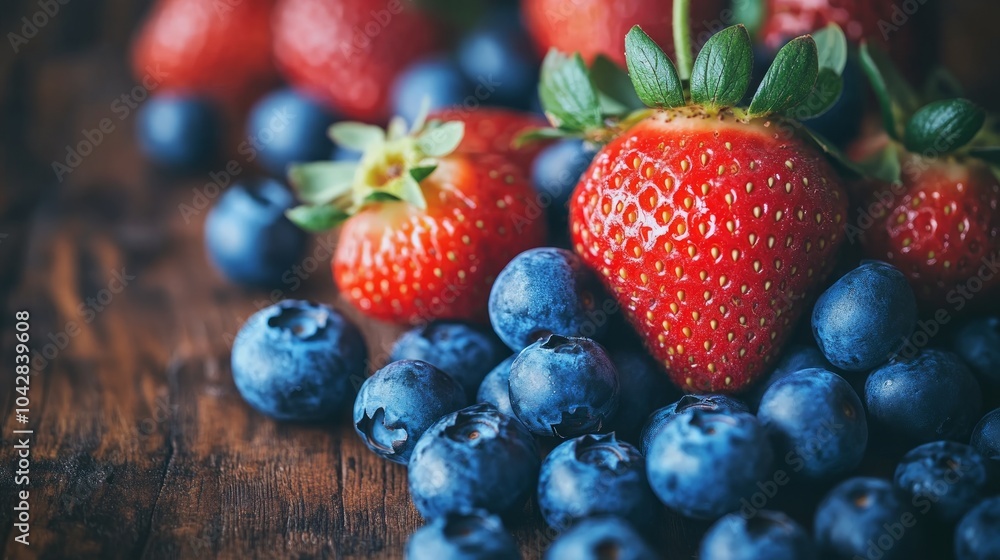 Juicy strawberries and vibrant blueberries are scattered artfully on a weathered wooden table, illuminated by soft summer sunlight Juicy strawberries and vibrant blueberries are scattered artfully on a weathered wooden table, illuminated by soft summer sunlight
