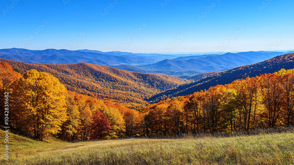 A breathtaking view of rolling hills adorned with patches of autumn foliage, stretching out under a clear blue sky. A breathtaking view of rolling hills adorned with patches of autumn foliage, stretching out under a clear blue sky.