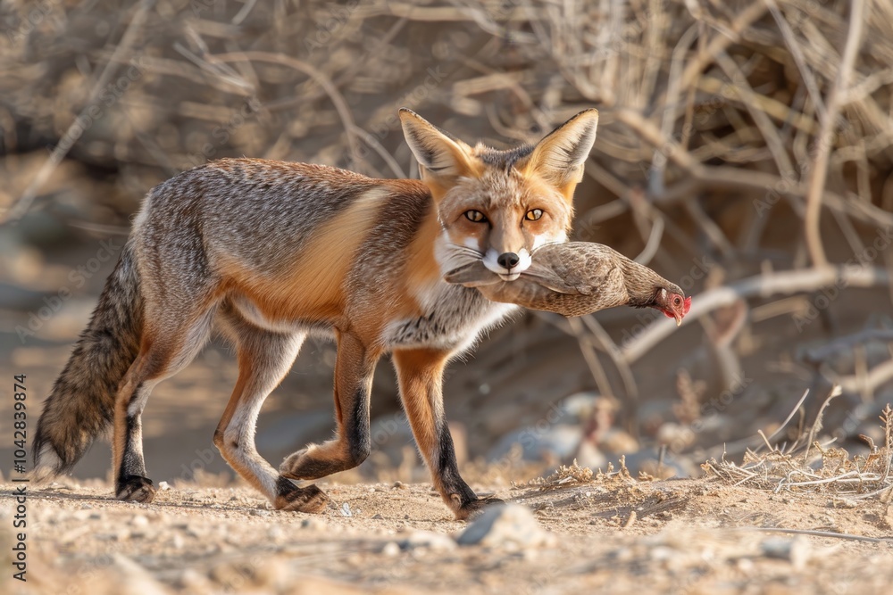 A red fox carries a chicken in its mouth while walking across a dirt path. The scene captures a natural hunting moment, highlighting the predator prey dynamic in wildlife. A red fox carries a chicken in its mouth while walking across a dirt path. The scene captures a natural hunting moment, highlighting the predator prey dynamic in wildlife.