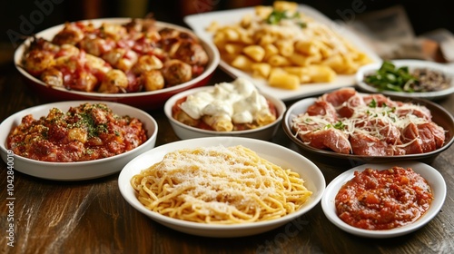 Italian cuisine spread featuring pasta, meatballs, and sauces