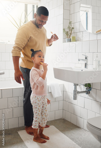 Fotografía Bathroom, toothbrush and dad with child in home for dental hygiene, brushing teeth and cleaning
