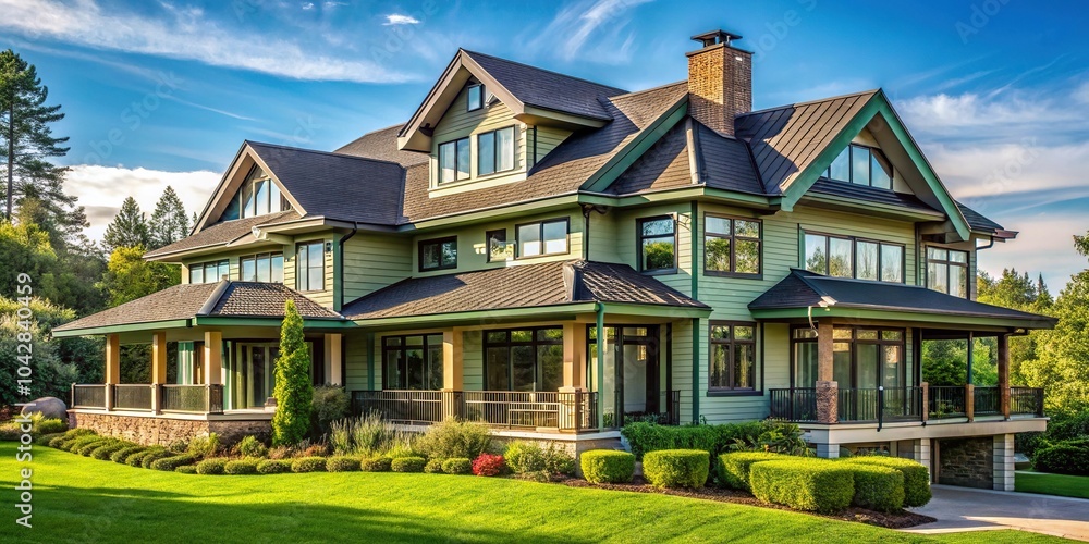Large house with many windows and green roof Large house with many windows and green roof