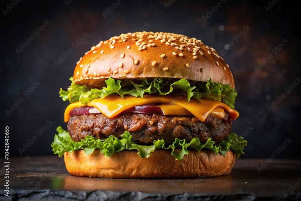 Large juicy hamburger with cheese on dark background Large juicy hamburger with cheese on dark background