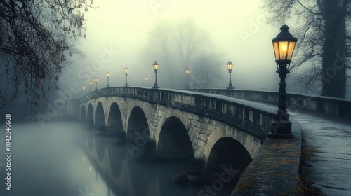 Stone Bridge in Misty Morning