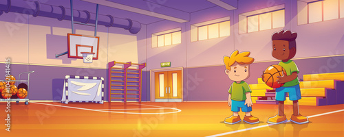 Two children boys in school gym ready for sports. Cartoon vector kids in sportswear in spacious exercise room with stacked basketball balls and hoop, soccer goal gate, benches and activity equipment.