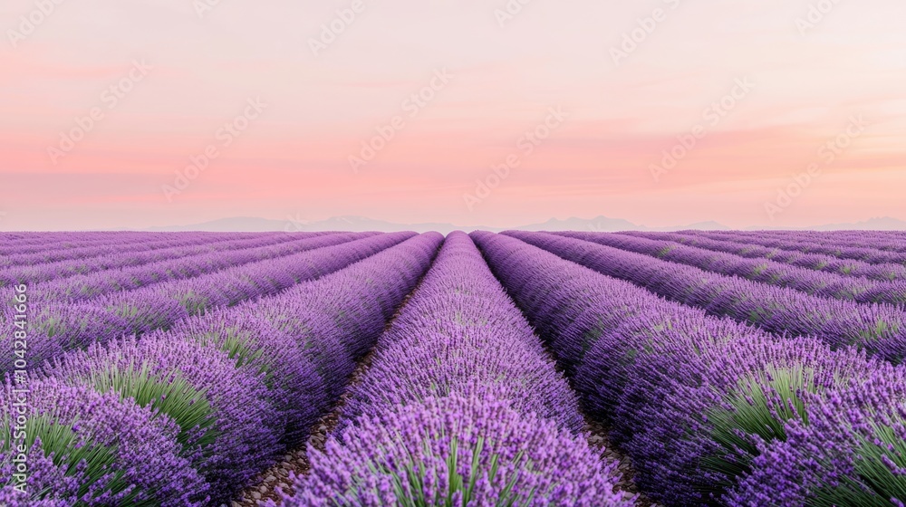 Obraz premium A beautiful lavender field stretches under a pastel sky, showcasing rows of purple blooms that create a serene and picturesque landscape.