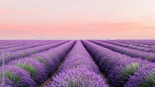 A beautiful lavender field stretches under a pastel sky, showcasing rows of purple blooms that create a serene and picturesque landscape.