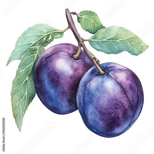 Damson plum fruit watercolor clipart illustratration