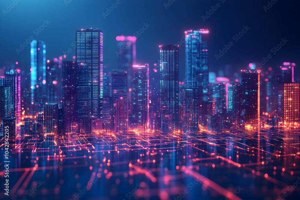 Futuristic Smart City Skyline with AI Powered Infrastructure and 5G on Dark Blue Background Futuristic Smart City Skyline with AI Powered Infrastructure and 5G on Dark Blue Background