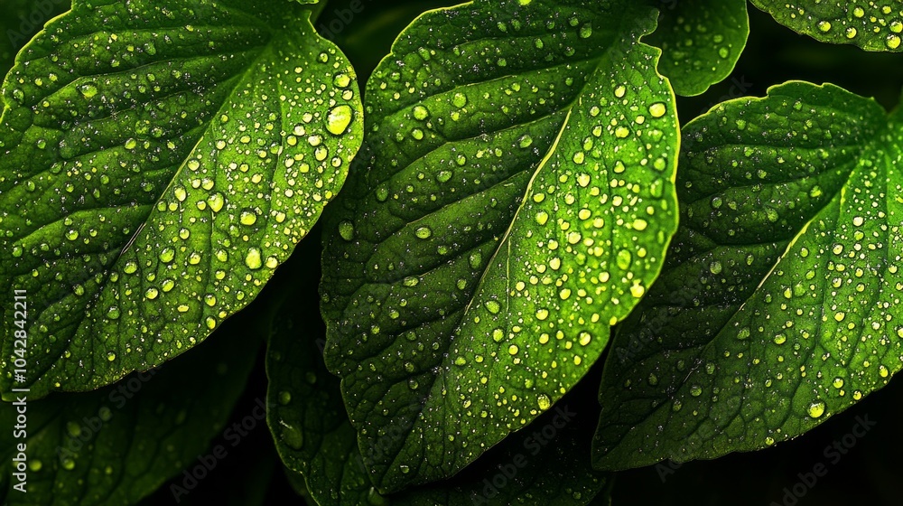 Fototapeta premium Dew drops coat vibrant green leaves, reflecting sunlight and highlighting the intricate textures in a serene natural setting