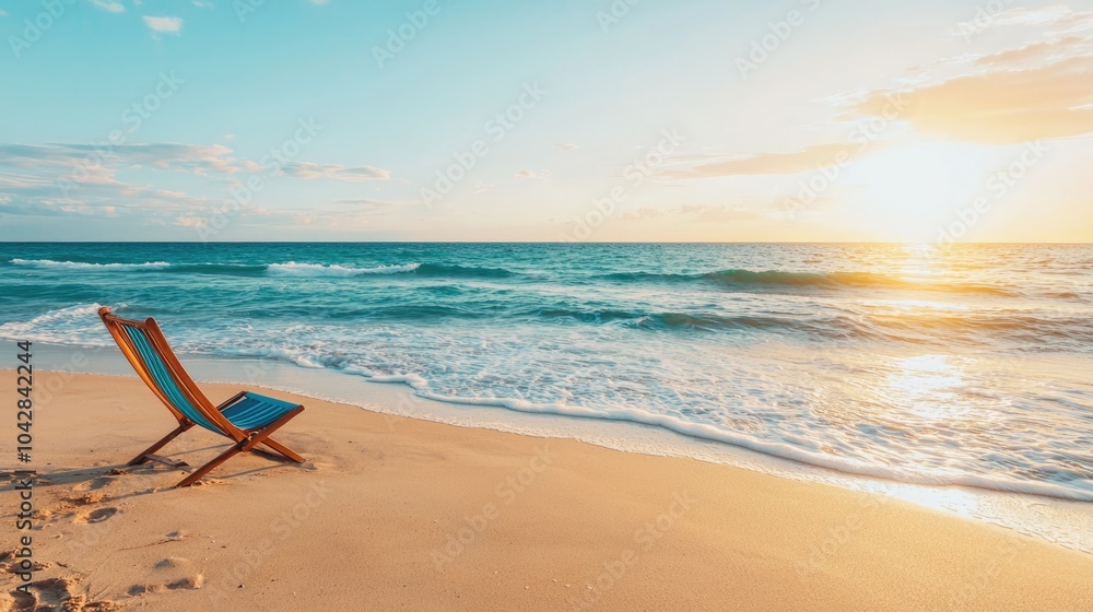A tranquil beach scene features a colorful lounge chair beside gentle waves and a vibrant sunset, inviting relaxation and escape. A tranquil beach scene features a colorful lounge chair beside gentle waves and a vibrant sunset, inviting relaxation and escape.