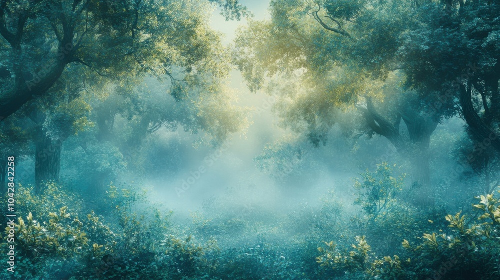 Fototapeta premium Enchanting forest scene with mist and soft sunlight filtering through trees