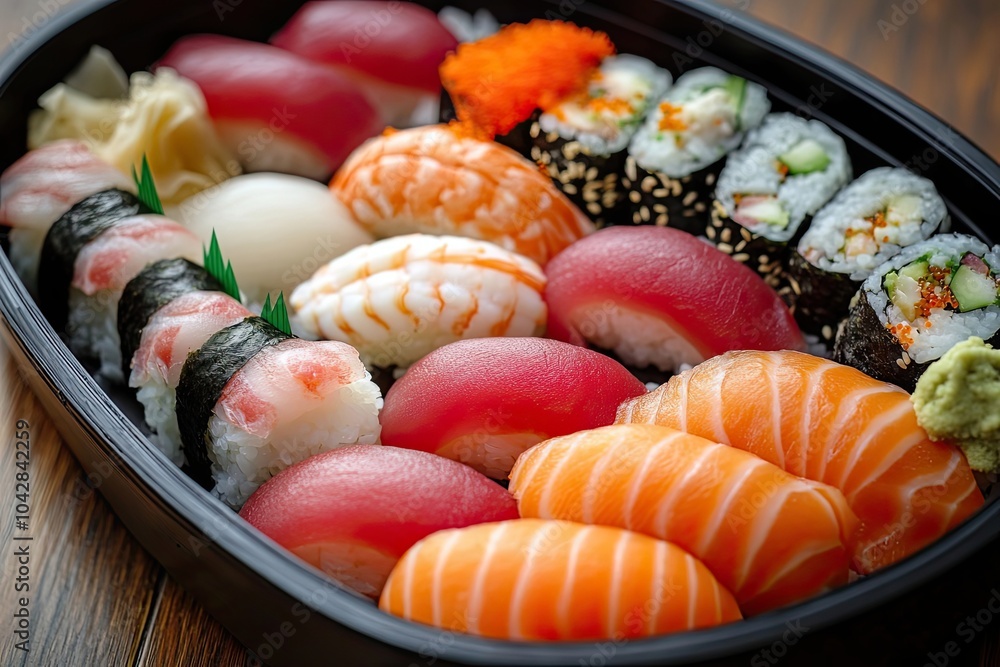 A Variety of Sushi in a Black Tray A Variety of Sushi in a Black Tray