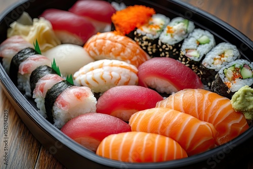 A Variety of Sushi in a Black Tray