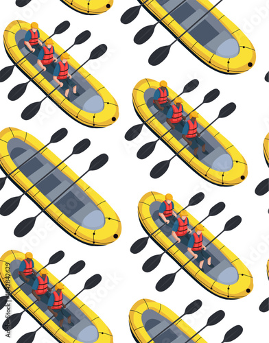 Vector seamless pattern with rafting top view white background. Texture with active sport leisure on inflatable boats in flat style. Extreme water sport hobby with friends. Background for wallpaper