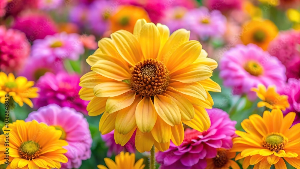 Fototapeta premium Large yellow heliopsis flower in a bouquet with pink flowers, panoramic view