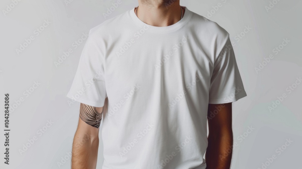 Man wearing a plain white t shirt, showcasing casual fashion and style Man wearing a plain white t shirt, showcasing casual fashion and style