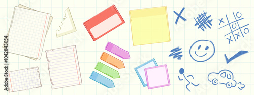 School memo papers and doodle drawings on notebook page background. Contemporary vector cartoon illustration of color stickers, blank papers for schedule or to-do list, smiley and tic-tac-toe pictures