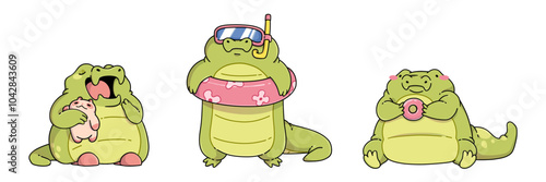 Cute alligator mascot. Funny vector green childish crocodile cartoon character in different poses - yawn with plush toy in hand, sitting with donut and standing in inflatable ring and diving mask