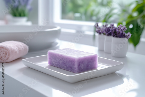  Lavender-scented soap in elegant bathroom setting