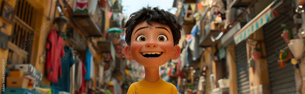 Animated Young Boy in Colorful Alley with Excited Expression and Open Smile Animated Young Boy in Colorful Alley with Excited Expression and Open Smile