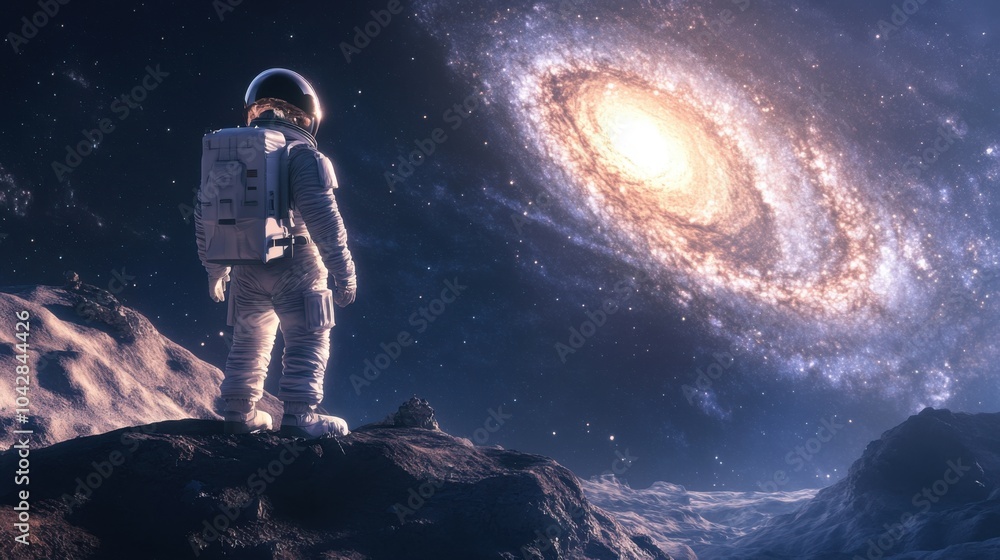Astronaut standing on a rocky surface gazing at a distant galaxy in space Astronaut standing on a rocky surface gazing at a distant galaxy in space
