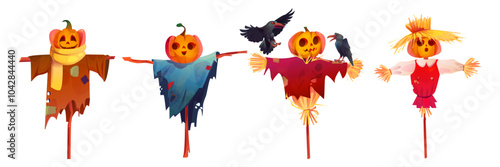 Pumpkin scarecrows set isolated on white background. Vector cartoon illustration of spooky farm doll made of wooden stick, straw and old patched clothes, crows sitting on Halloween garden decoration