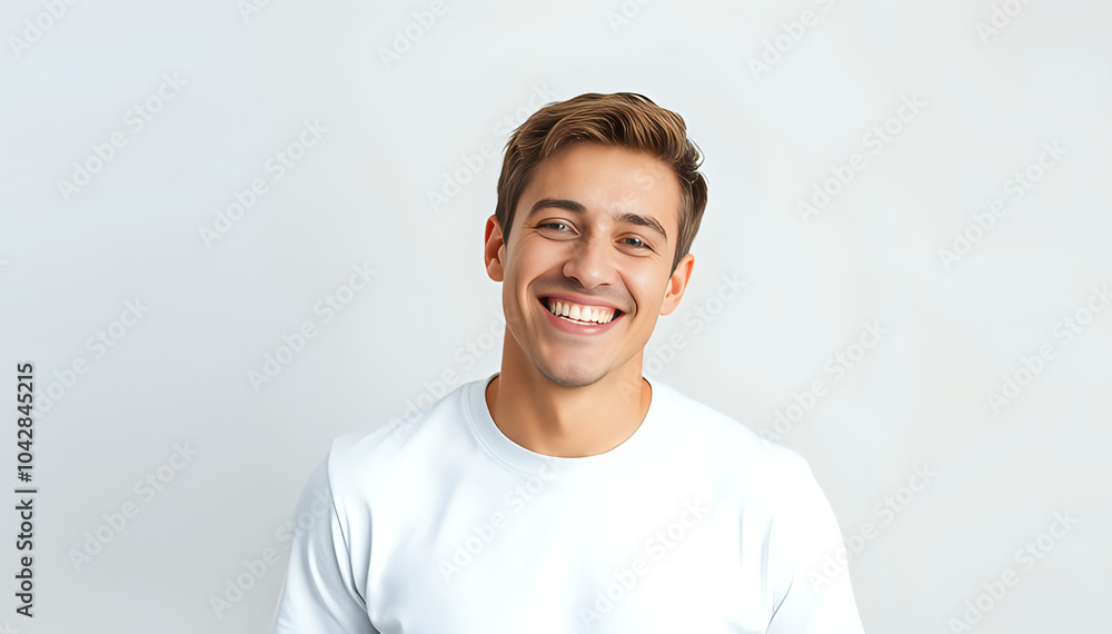 Happy Young Male with a Radiant Smile and White T-Shirt Mockup Happy Young Male with a Radiant Smile and White T-Shirt Mockup