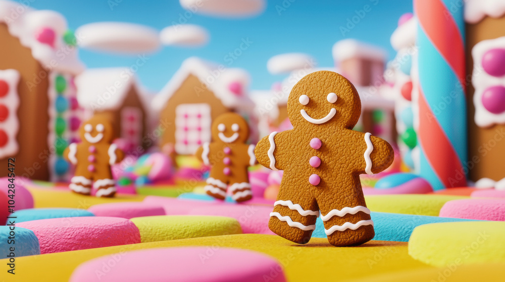 Obraz premium whimsical city made of candy features cheerful gingerbread characters