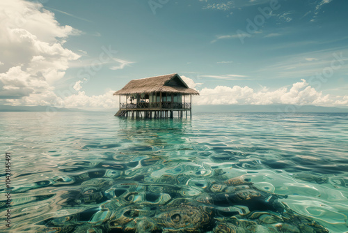 Solitary Overwater Hut with Crystal-Clear Waters