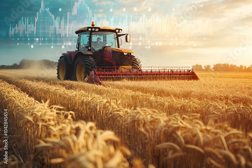 Tractor Harvesting Wheat Field with Financial Data Analytics Overlay