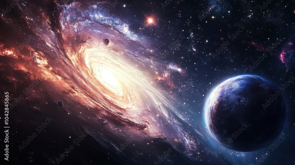 Obraz premium Stunning cosmic scene of a galaxy and a distant planet in space.