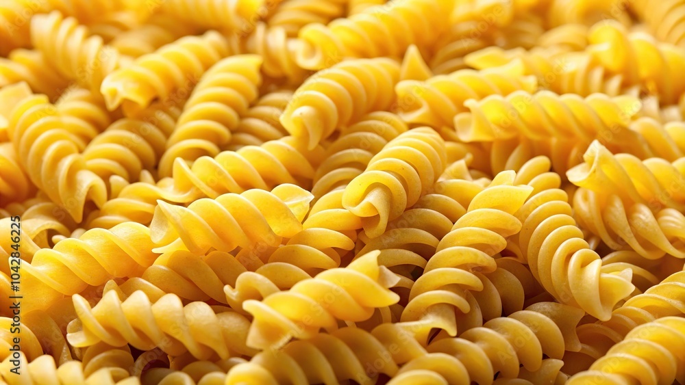 Closeup of twisted yellow fusilli pasta silhouette against a dark background Closeup of twisted yellow fusilli pasta silhouette against a dark background