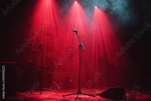 A Single Microphone Stands on a Stage Bathed in Red Spotlight