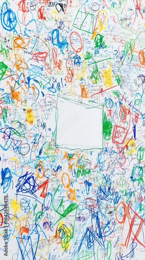 A vibrant mix of colorful doodles and drawings surrounding a blank space. A vibrant mix of colorful doodles and drawings surrounding a blank space.