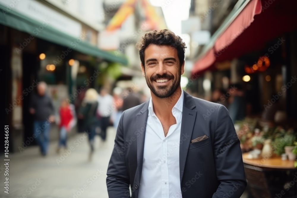 Portrait of a handsome young businessman smiling at the camera while walking in the city Portrait of a handsome young businessman smiling at the camera while walking in the city