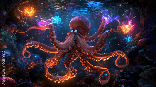 magical octopus casting spells in underwater realm, surrounded by vibrant colors