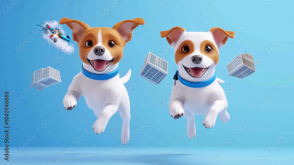 Happy cartoon dogs running joyfully in vibrant city scene Happy cartoon dogs running joyfully in vibrant city scene