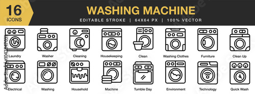 Washing Machine icon set. Editable Stroke Icon Collection. Includes clean up, electrical, environment, furniture, household, and More. Outline icons vector collection.