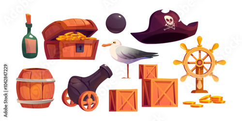 Pirate and marine adventure game icons set. Cartoon vector old wooden chest with golden treasure, gold coins pile, barrel and bottle of rum, wood box and steering wheel, black hat and cannon with bomb