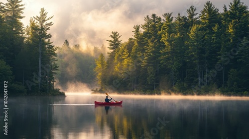 Tranquil Kayaking on a Calm Lake at Dawn