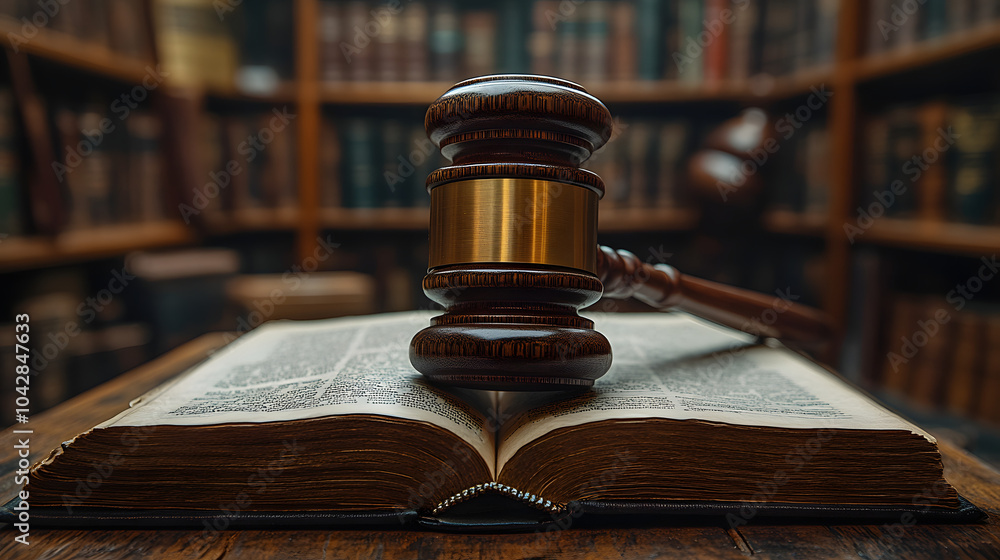 A Wooden Gavel Placed on Top of an Open Book in Front of Scales of Justice. The Image Symbolizes Law, Judgment, and Legal Authority, Representing Concepts of Justice, Courtroom Decisions, and the Lega A Wooden Gavel Placed on Top of an Open Book in Front of Scales of Justice. The Image Symbolizes Law, Judgment, and Legal Authority, Representing Concepts of Justice, Courtroom Decisions, and the Lega