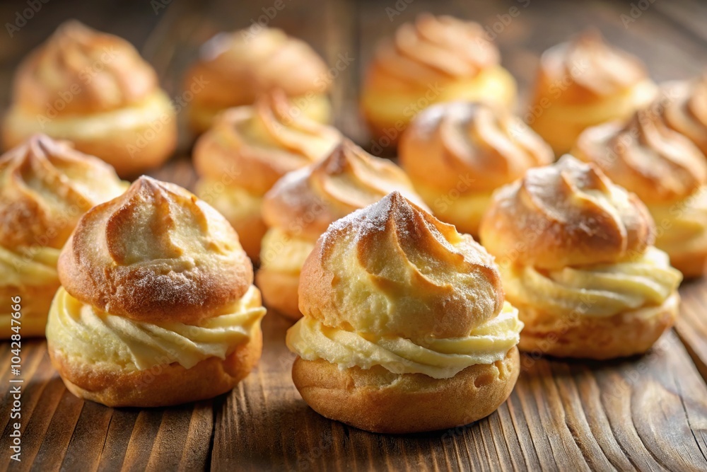 Close-up pan of perfectly cooked golden cream puffs Close-up pan of perfectly cooked golden cream puffs