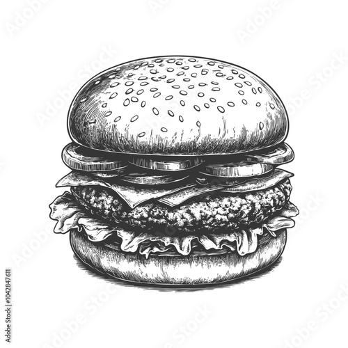 Hand-Drawn Burger Illustration in Black and White