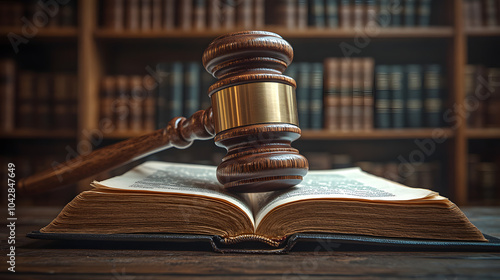 A Wooden Gavel Placed on Top of an Open Book in Front of Scales of Justice. The Image Symbolizes Law, Judgment, and Legal Authority, Representing Concepts of Justice, Courtroom Decisions, and the Lega