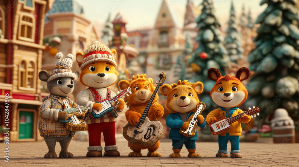 Fototapeta premium Cute anthropomorphic animals in woodland band playing music together