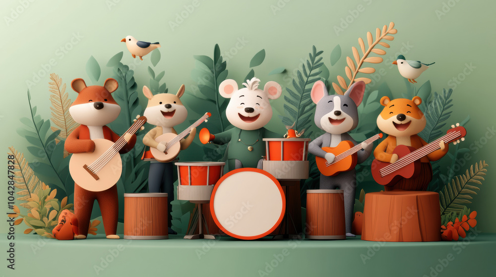 Fototapeta premium Cute anthropomorphic animals in woodland band playing music together