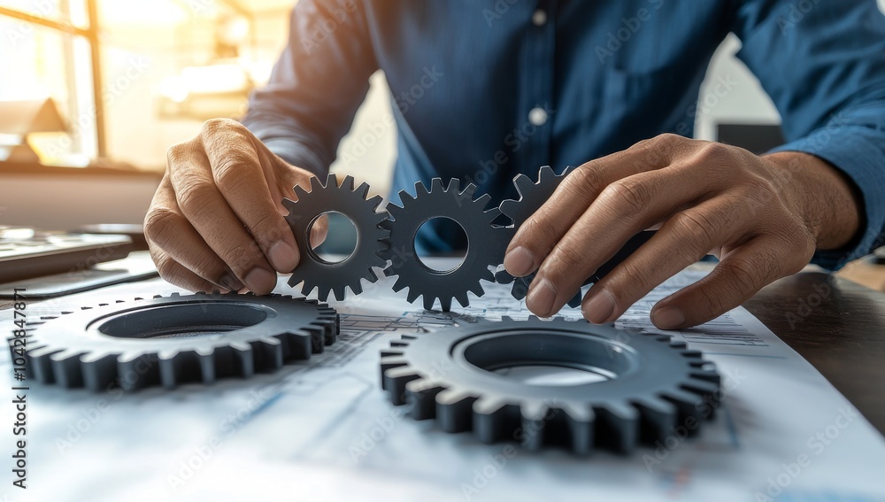 Person Assembling Gears, Symbolizing Mechanics of AI and Integration with Business Data in Industrial Setting Person Assembling Gears, Symbolizing Mechanics of AI and Integration with Business Data in Industrial Setting