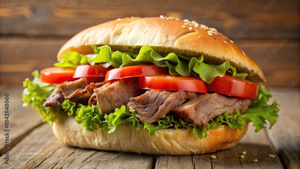 Close-up photo of a steak sandwich with lettuce and tomato on a roll Close-up photo of a steak sandwich with lettuce and tomato on a roll