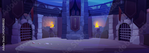 Ancient dark arena for gladiator battles. Vector cartoon illustration of antique stone dungeon with round stage for martial arts show, royal armchairs on balcony, red flags and torch fire on wall